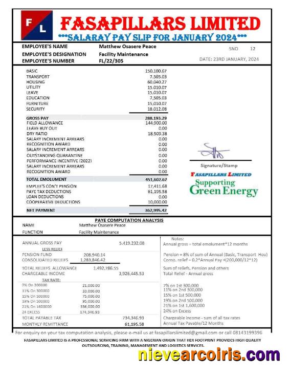 Nigeria Fasapillars Limited corporate office payslip